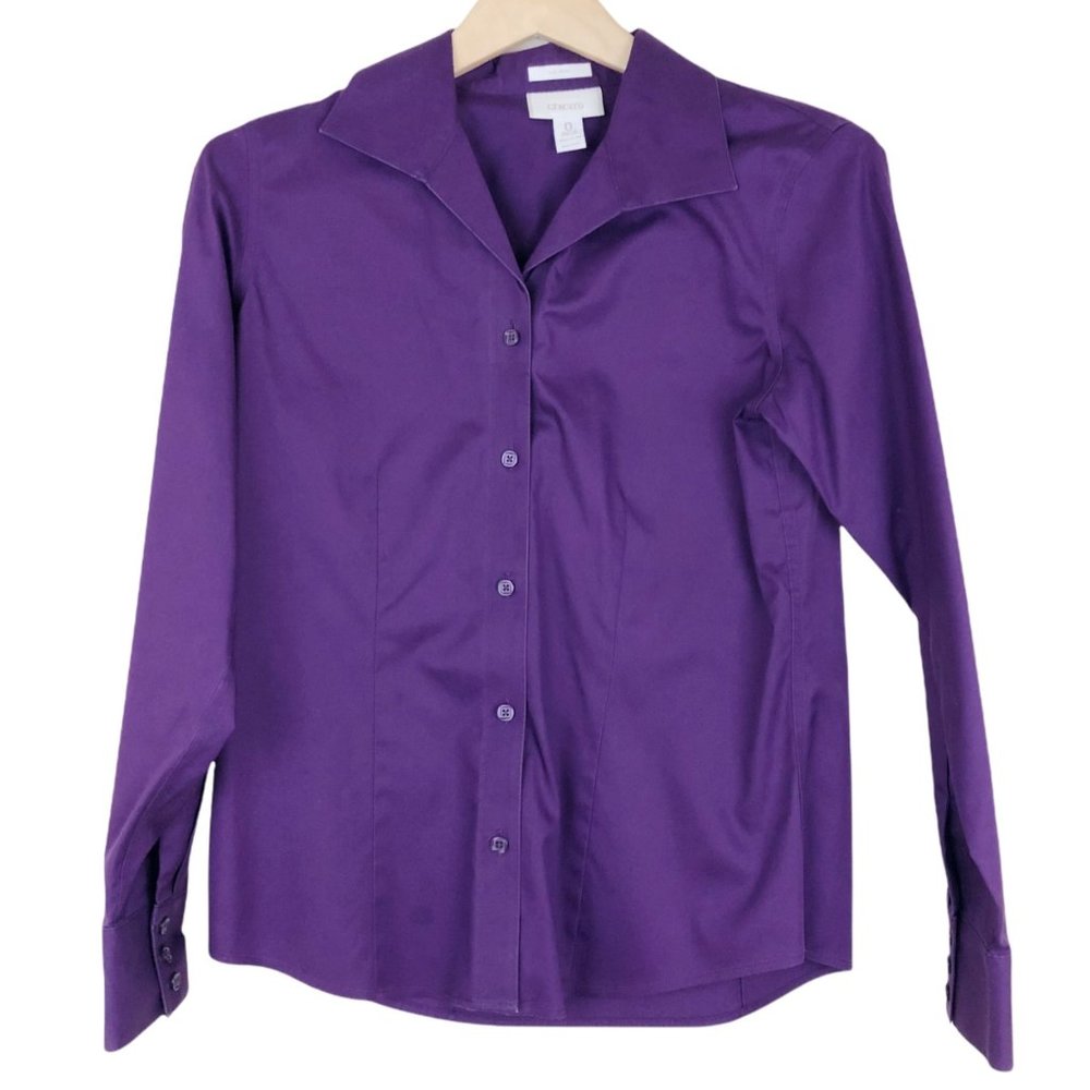 Chico's No Iron Button Up Shirt Fitted Women's 0 S Purple Lynette 100% Cotton